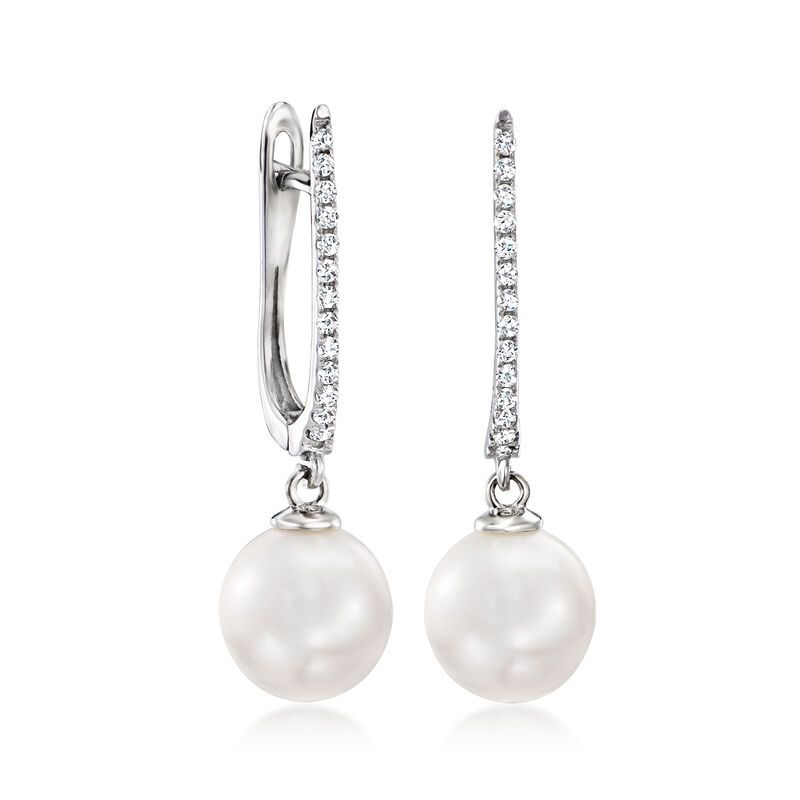 9-9.5mm Cultured Pearl and .20 ct. t.w. Diamond Drop Earrings in 14kt White Gold  image number 2