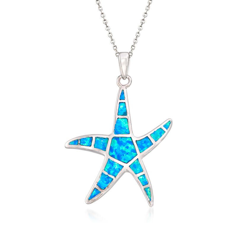 Blue Synthetic Opal Starfish Pendant Necklace in Sterling Silver image number 0