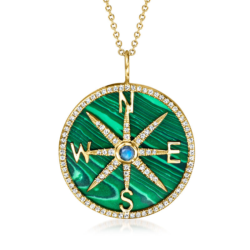 Moonstone and Malachite Compass Pendant Necklace with .40 ct. t.w. Diamonds in 14kt Yellow Gold image number 0