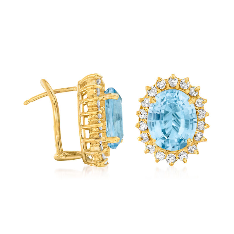 C. 1980 Vintage 11.40 ct. t.w. Sky Blue Topaz and 1.10 ct. t.w. Diamond Earrings in 14kt Yellow Gold  image number 2