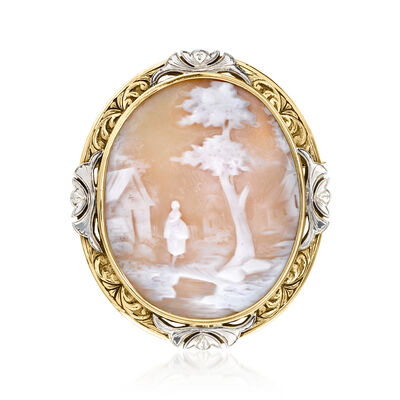 C. 1950 Vintage Brown Shell Woman in Nature Cameo Pin/Pendant in 14kt Two-Tone Gold