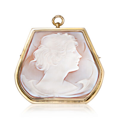 C. 1980 Vintage Brown Shell Cameo Pin/Pendant in 14kt Yellow Gold