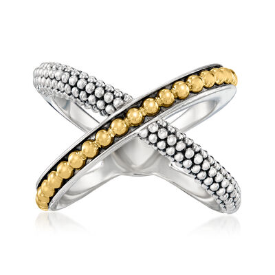 C. 1990 Vintage Lagos Sterling Silver and 18kt Yellow Gold Beaded Crisscross Ring