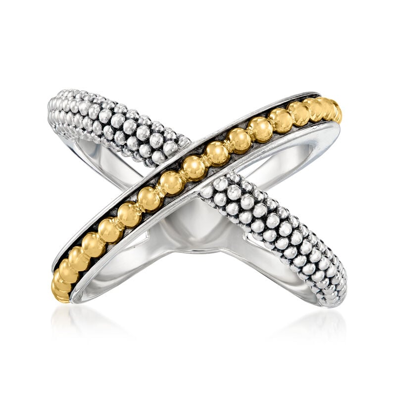 C. 1990 Vintage Lagos Sterling Silver and 18kt Yellow Gold Beaded Crisscross Ring. Size 7 image number 0