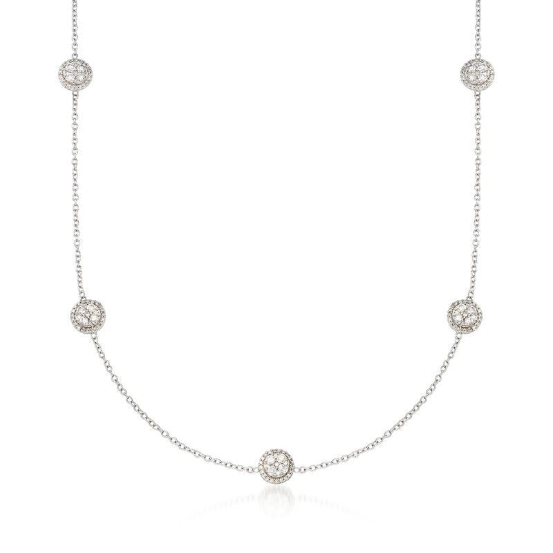 1.00 ct. t.w. Diamond Cluster Circle Station Necklace in 14kt White Gold. 18&quot; image number 1