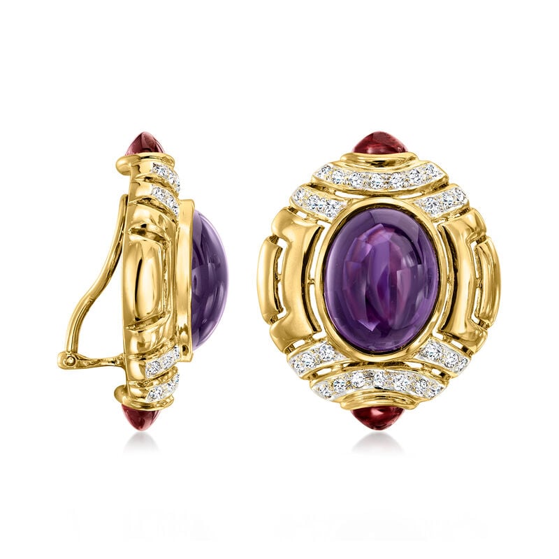 C. 1980 Vintage 28.00 ct. t.w. Amethyst Earrings with 4.00 ct. t.w. Garnets and 1.00 ct. t.w. Diamonds in 14kt Yellow Gold