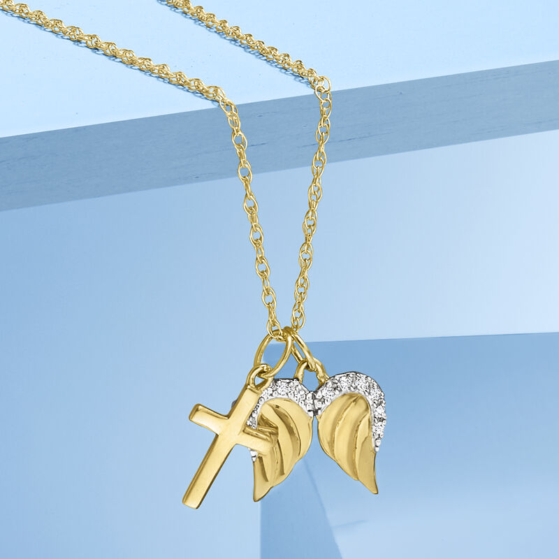 14kt Yellow Gold Cross and Angel Wings Pendant Necklace with Diamonds image number 5