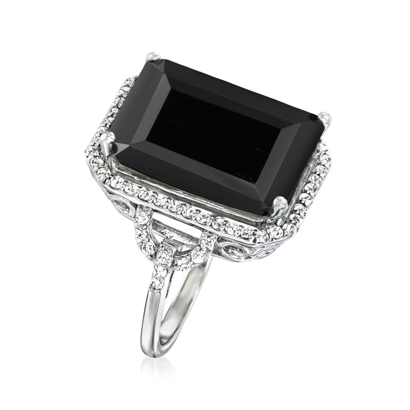 Onyx and .90 ct. t.w. White Topaz Ring in Sterling Silver image number 2