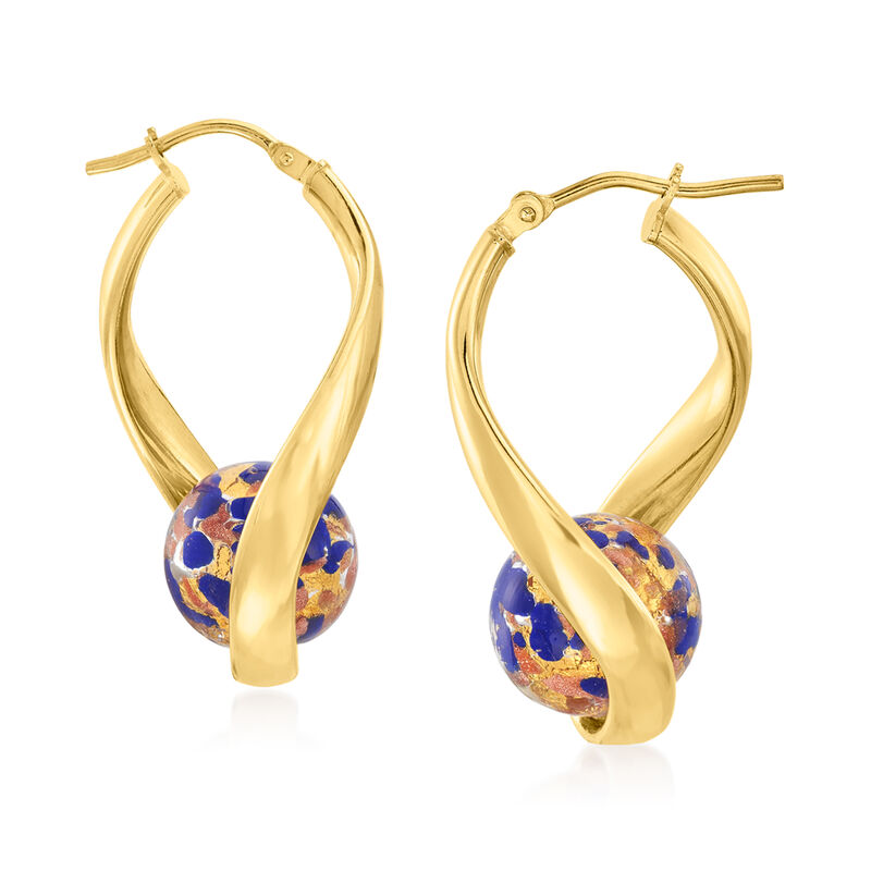 Italian Blue Murano Glass Bead Twisted Hoop Earrings in 18kt Gold Over Sterling. 1 1/4&quot; image number 3
