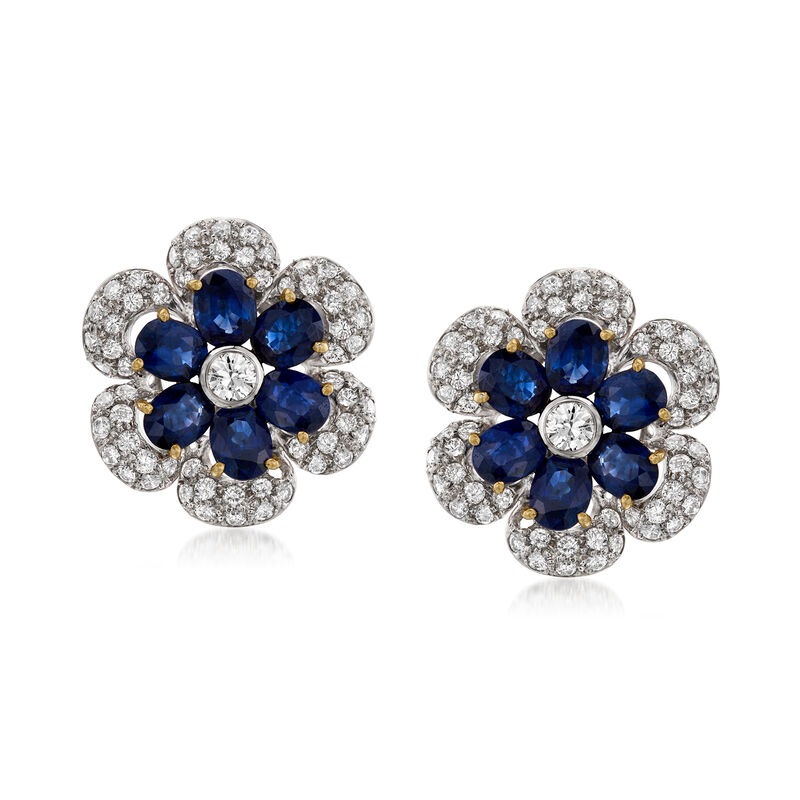 C. 1980 Vintage 7.20 ct. t.w. Sapphire and 2.70 ct. t.w. Diamond Flower Earrings in 18kt Two-Tone Gold image number 0