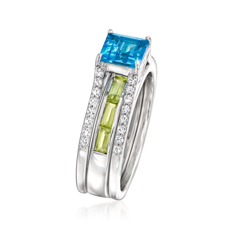 1.30 Carat Swiss Blue Topaz, .70 ct. t.w. Peridot and .30 ct. t.w. White Topaz Jewelry Set: Ring and Ring Guard in Sterling Silver image number 4