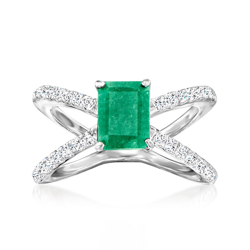 1.80 Carat Emerald and .60 ct. t.w. White Topaz Crisscross Ring in Sterling Silver image number 0