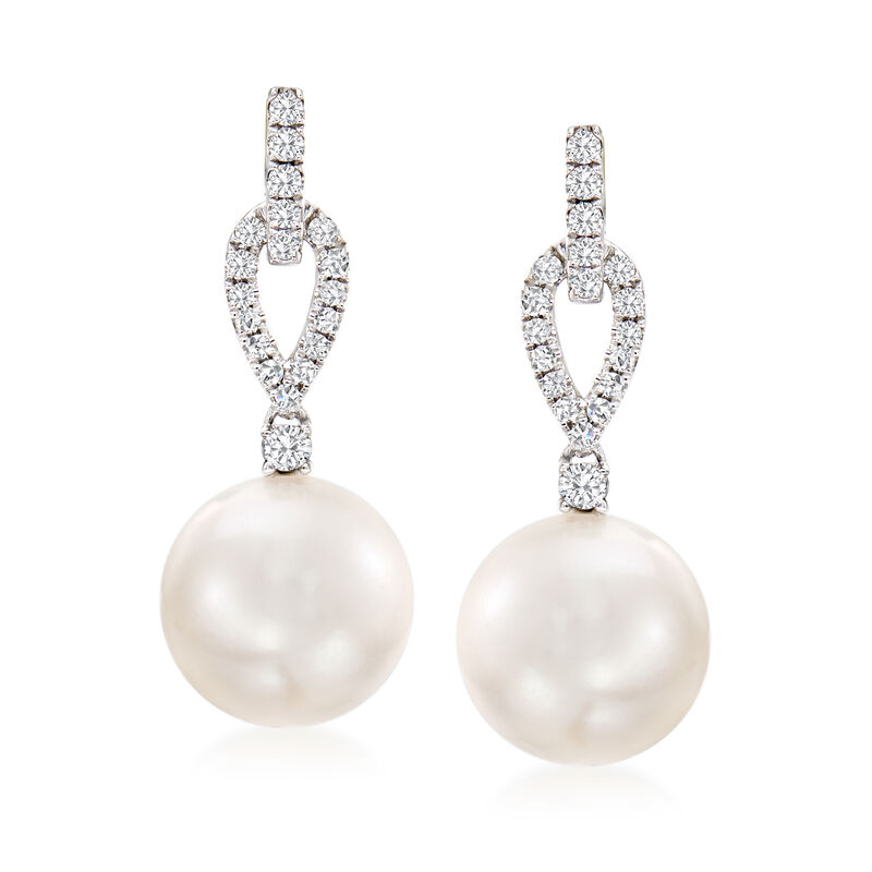 10-11mm Cultured South Sea Pearl and .29 ct. t.w. Diamond Drop Earrings in 18kt White Gold image number 0