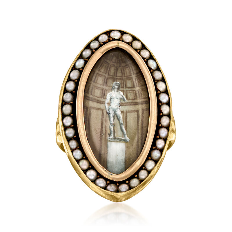 C. 1940 Vintage Multicolored Enamel Statue of David Ring with 2mm Cultured Pearls in 14kt Yellow Gold. Size 5.25 image number 0