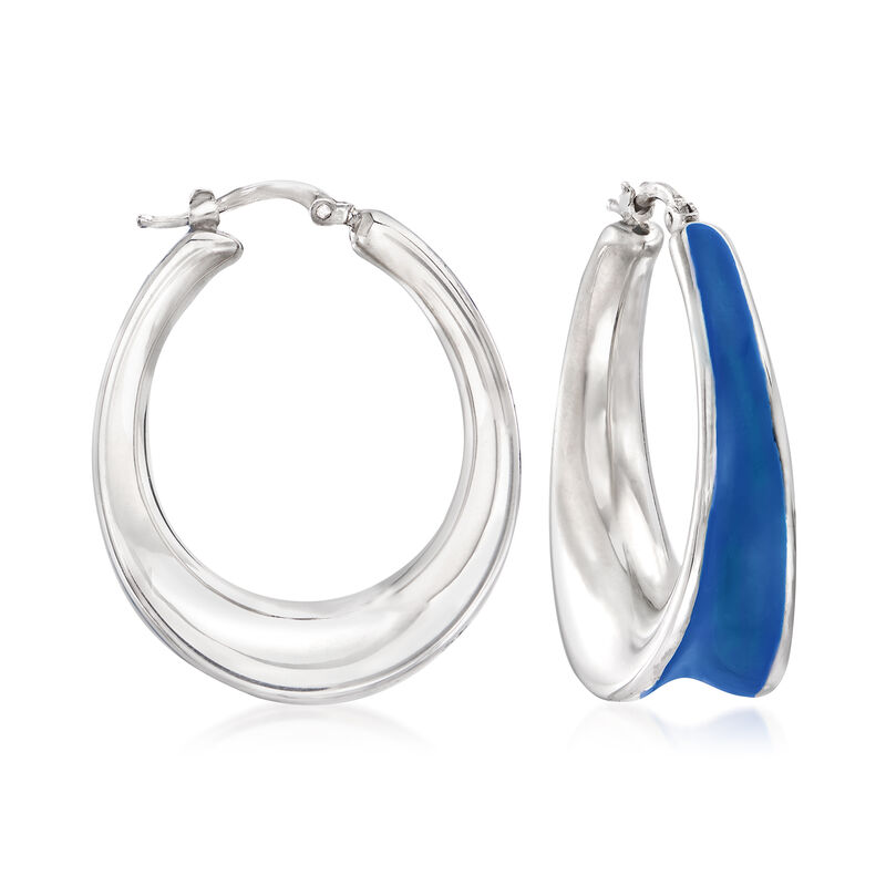 Italian Blue Enamel Hoop Earrings in Sterling Silver image number 0