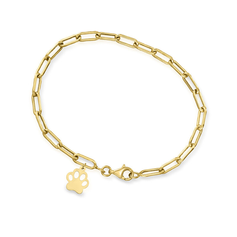 10kt Yellow Gold Paw Print Charm Paper Clip Link Bracelet image number 0