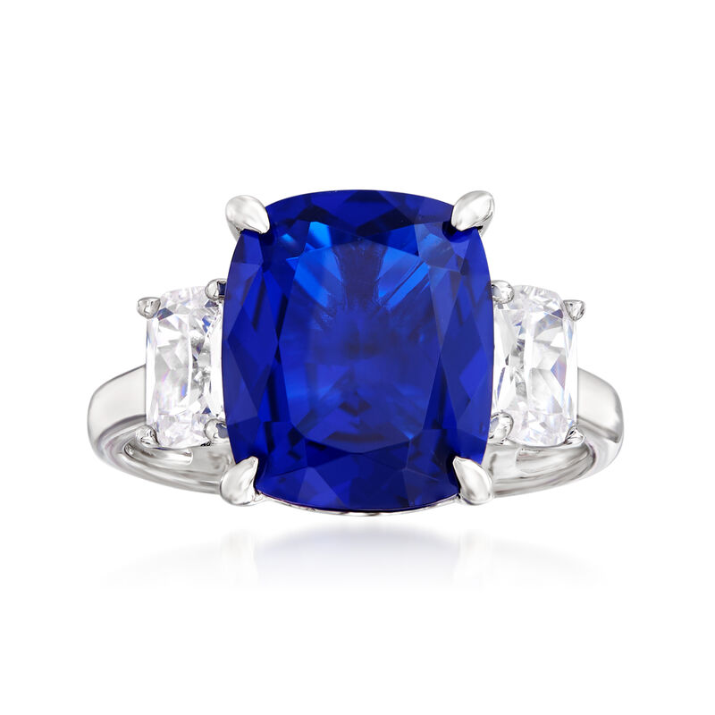 6.25 Carat Simulated Sapphire and 1.10 ct. t.w. CZ Three-Stone Ring in Sterling Silver image number 0