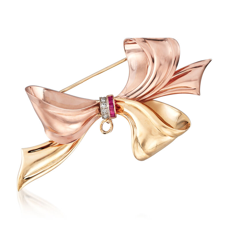 C. 1940 Vintage .10 ct. t.w. Synthetic Ruby and Diamond-Accented Bow Pin/Pendant in 14kt Two-Tone Gold image number 0