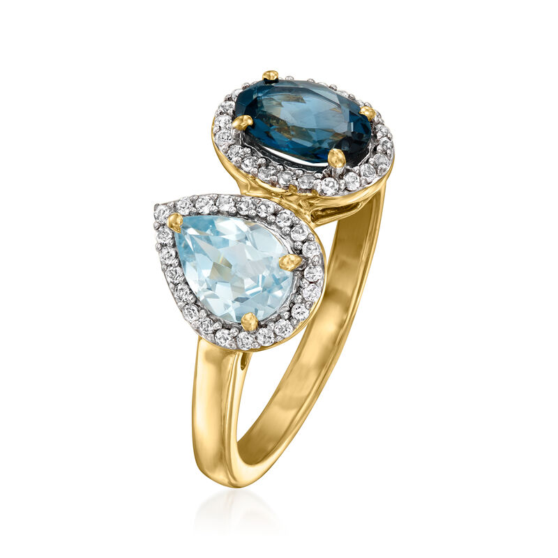 .90 Carat London Blue and .70 Carat Sky Blue Topaz Toi et Moi Ring with .20 ct. t.w. White Topaz in 18kt Gold Over Sterling image number 2