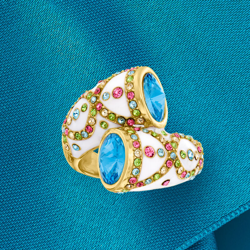 Multicolored Crystal and Blue Crystal Ring with White Enamel in 18kt Gold Over Sterling image number 5