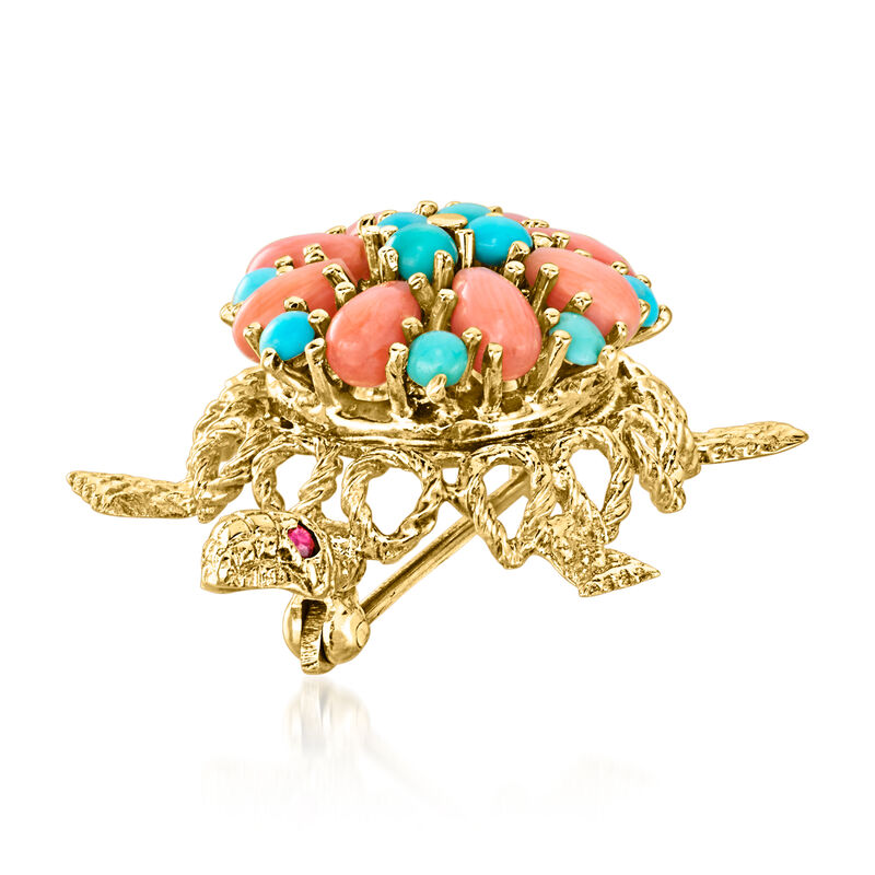 C. 1980 Vintage Coral and Turquoise Turtle Pin in 14kt Yellow Gold  image number 2