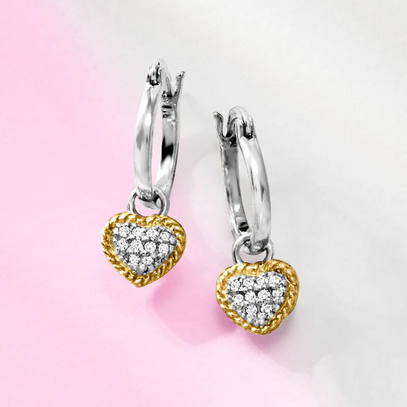 .15 ct. t.w. Diamond Removable Heart Charm Hoop Drop Earrings in Sterling Silver and 14kt Yellow Gold. 7/8&quot; image number 4