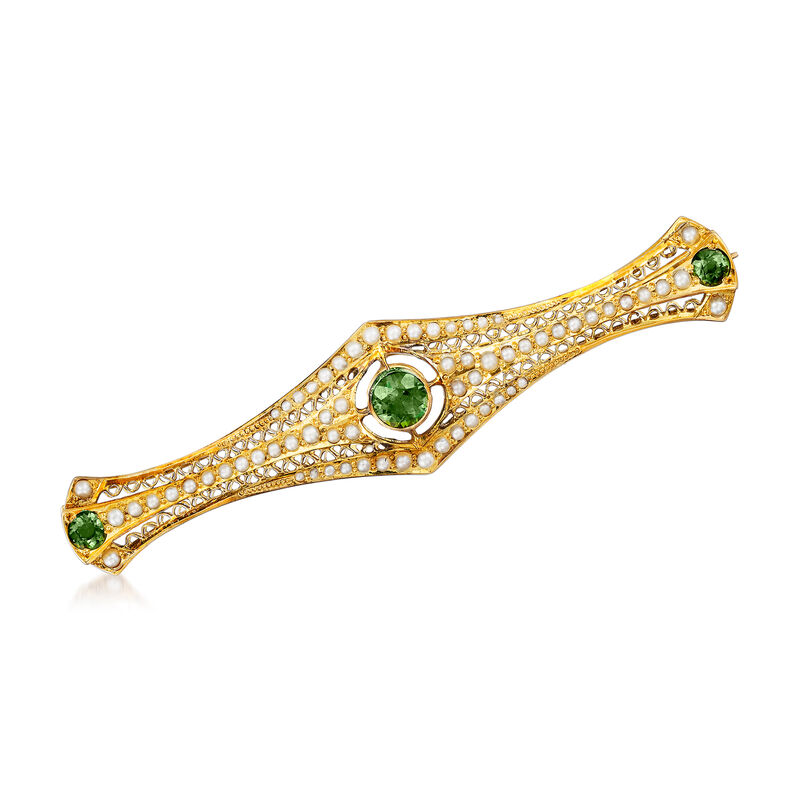 C. 1960 Vintage .55 ct. t.w. Tourmaline and 1x1.5mm Pearl Bar Pin in 14kt Yellow Gold image number 0