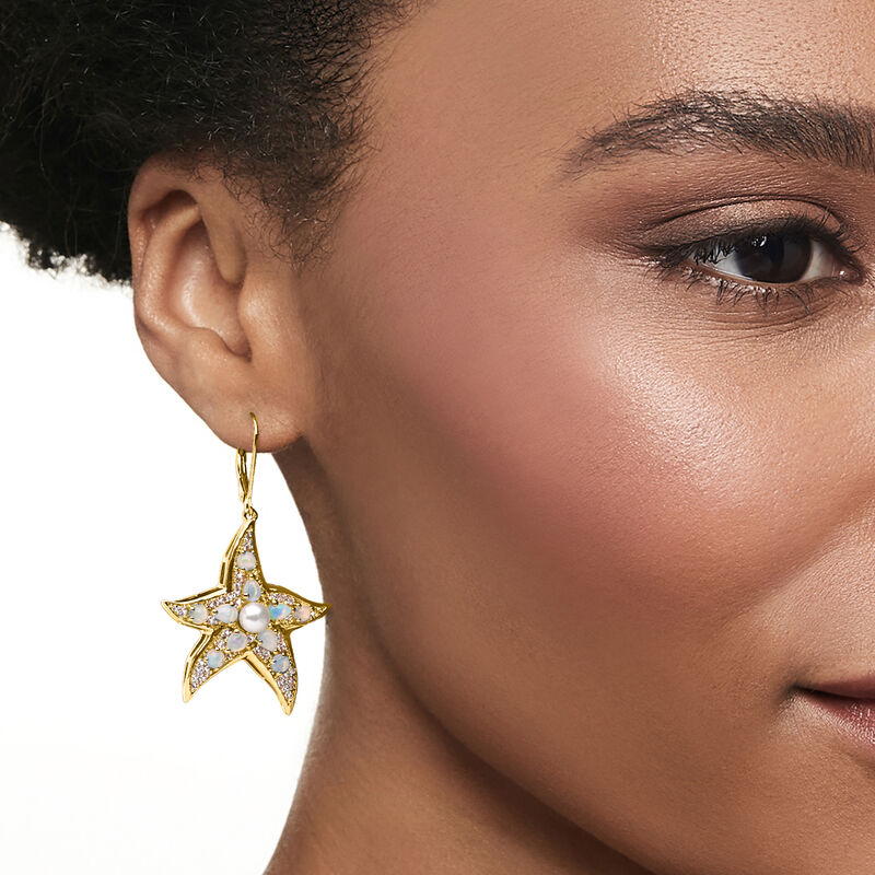 Opal and 5-5.5mm Cultured Pearl Starfish Drop Earrings with 1.20 ct. t.w. White Topaz in 18kt Gold Over Sterling  image number 1