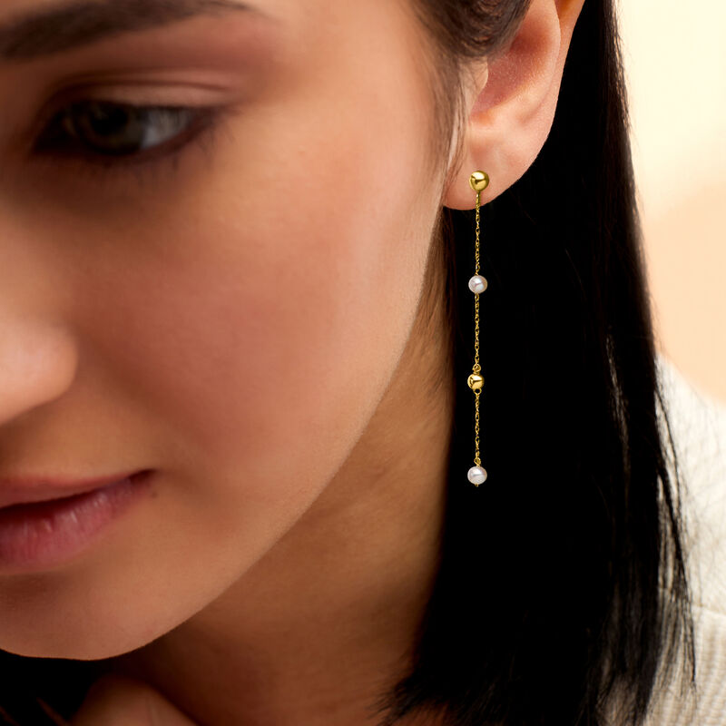 3-4mm Cultured Pearl and Bead Station Drop Earrings in 14kt Yellow Gold image number 1