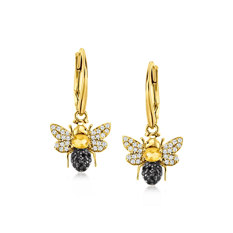 .30 ct. t.w. Citrine and .30 ct. t.w. White Topaz Bumblebee Drop Earrings with .20 ct. t.w. Black Spinels in 18kt Gold Over Sterling  image number 0