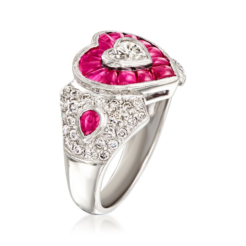 C. 1990 Vintage 1.17 ct. t.w. Diamond and .75 Carat Ruby Heart Ring in Platinum. Size 6 image number 2