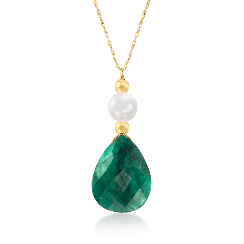 6-7mm Cultured Pearl and 8.00 Carat Emerald Necklace in 14kt Yellow Gold image number 0