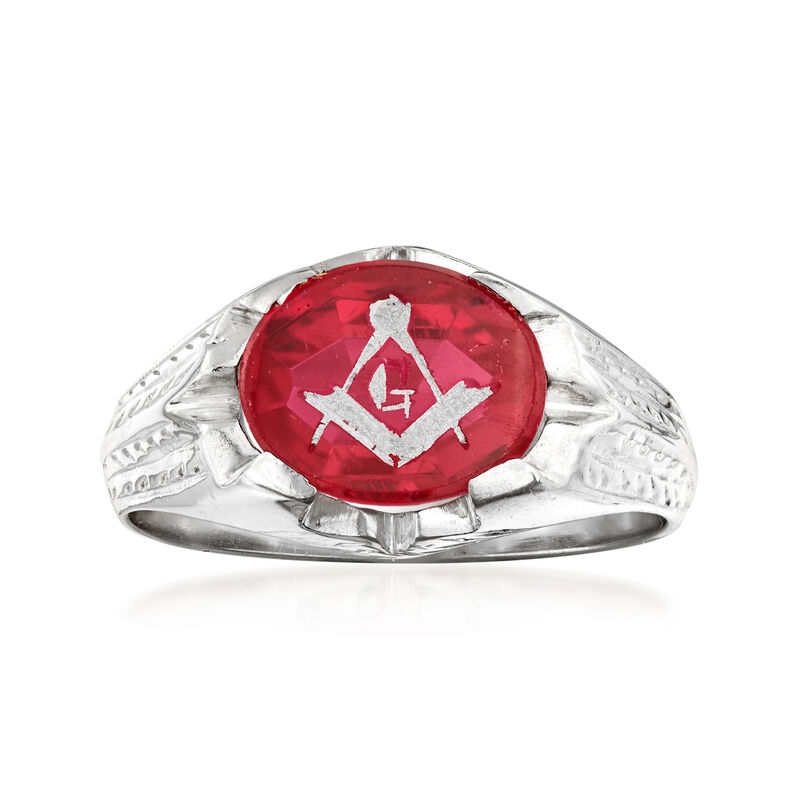 C. 1950 Vintage 3.00 Carat Synthetic Ruby Masonic Ring in 14kt White Gold image number 0