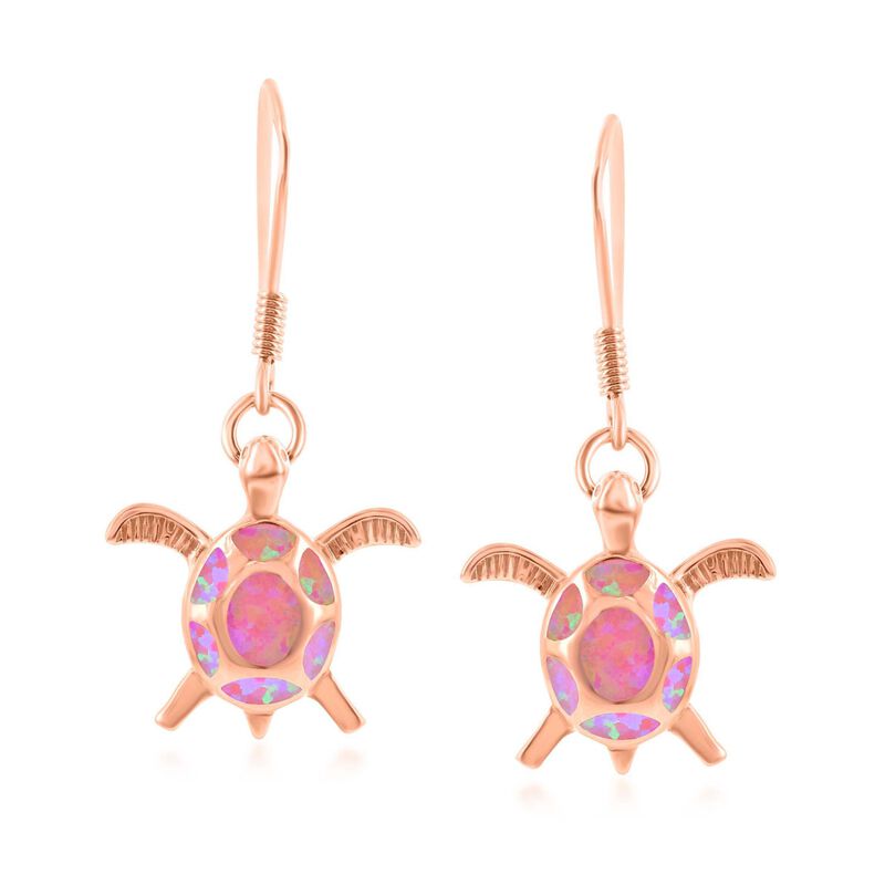Pink Synthetic Opal Sea Turtle Drop Earrings in 18kt Rose Gold Over Sterling image number 0