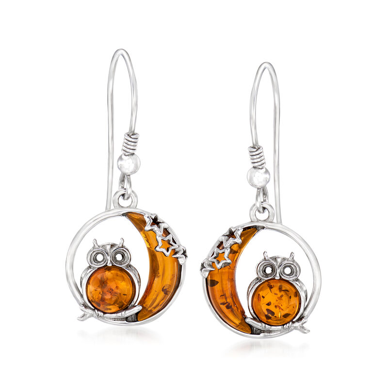 Amber Owl and Crescent Moon Drop Earrings in Sterling Silver image number 0