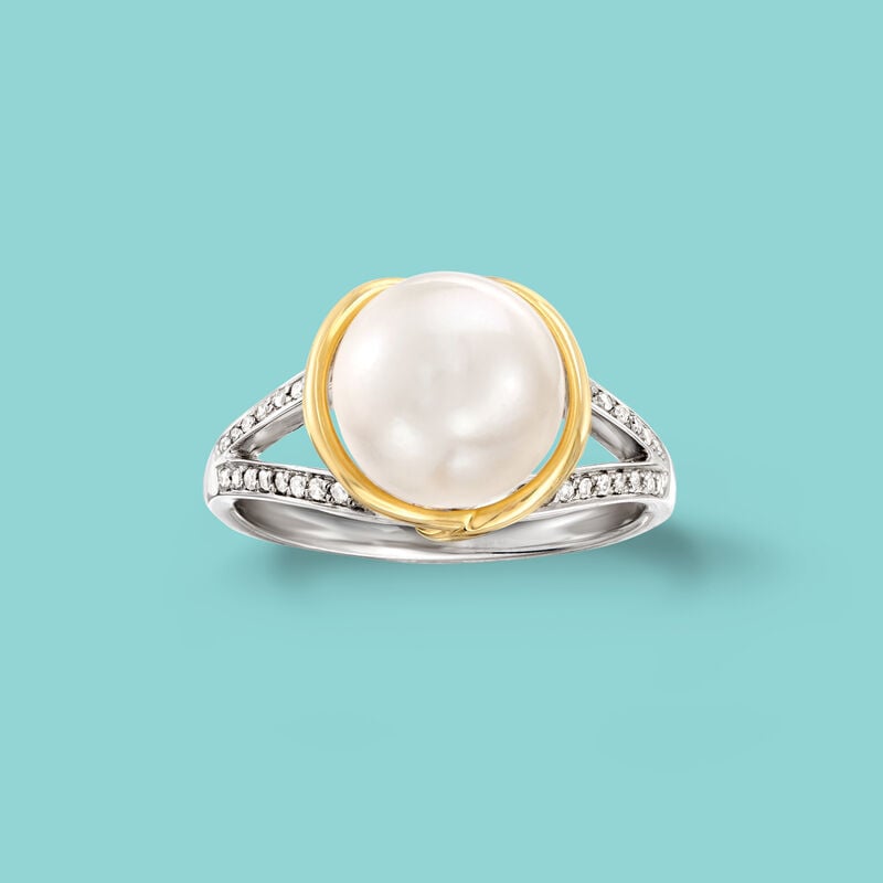 9.5-10mm Cultured Pearl and .13 ct. t.w. Diamond Ring in Sterling Silver and 14kt Yellow Gold image number 4