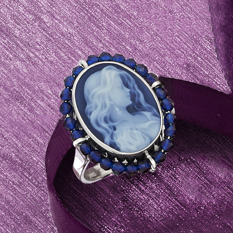 Italian Blue Agate Cameo Ring with 1.32 ct. t.w. Blue Spinel in Sterling Silver image number 3