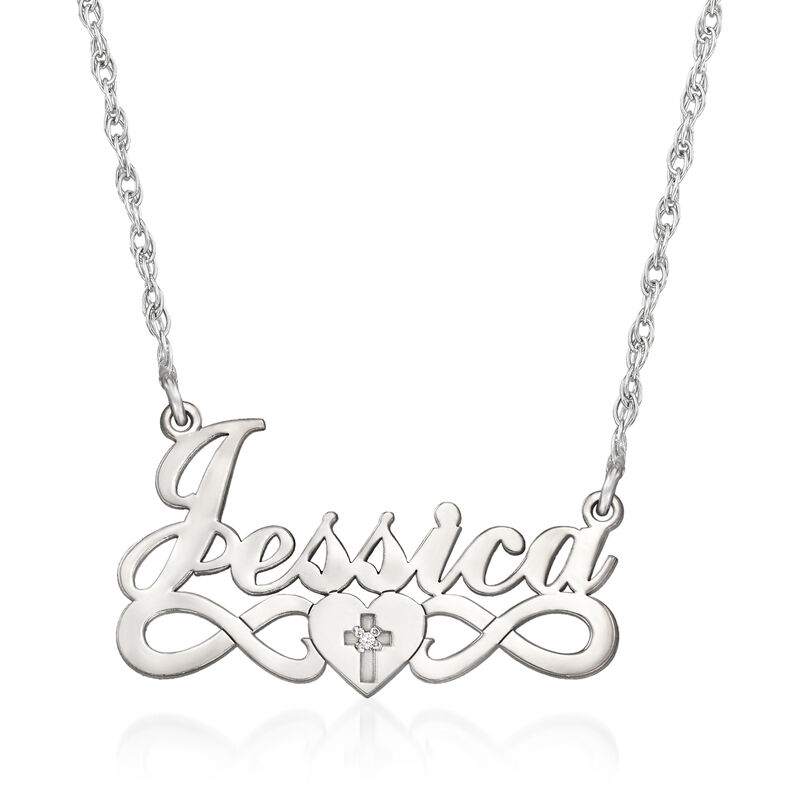 Sterling Silver Personalized Name Necklace with Diamond-Accented Heart and Cross. 17" image number 1