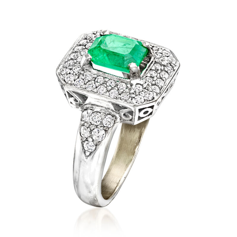 C. 1980 Vintage 1.70 Carat Emerald and 1.10 ct. t.w. Diamond Ring in 18kt White Gold. Size 7.5 image number 2