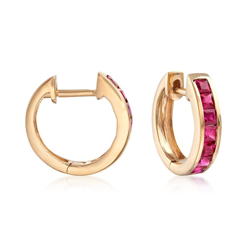 .80 ct. t.w. Ruby Huggie Hoop Earrings in 14kt Yellow Gold. 3/8&quot; image number 0