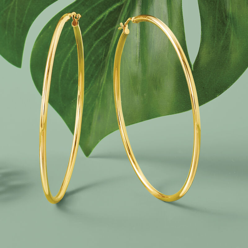 Italian 2mm 18kt Yellow Gold Hoop Earrings. 2 1/8&quot; image number 2