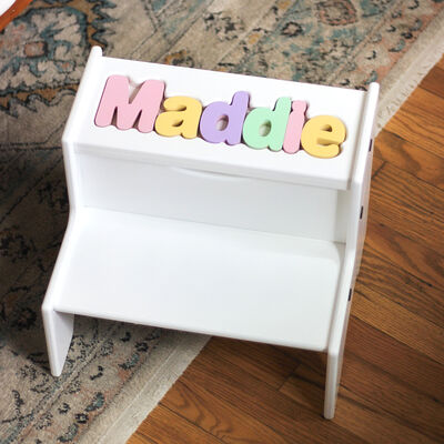 Child's Personalized Name White Two-Step Puzzle Stool - Pastel Colors