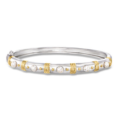 3.5-4mm Cultured Pearl Bangle Bracelet in Two-Tone Sterling Silver