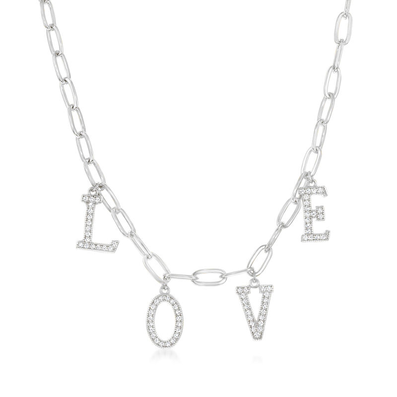 .30 ct. t.w. CZ "Love" Charm Paper Clip Link Necklace in Sterling Silver image number 0