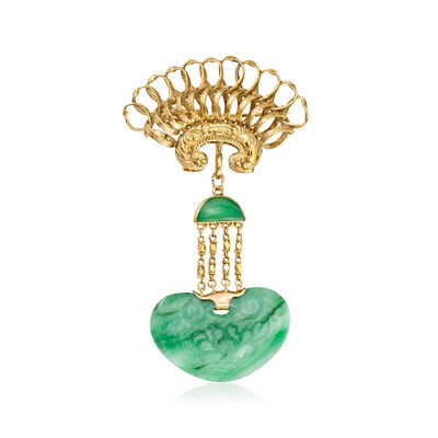 C. 1950 Vintage Jade Fan Drop Pin in 14kt Yellow Gold