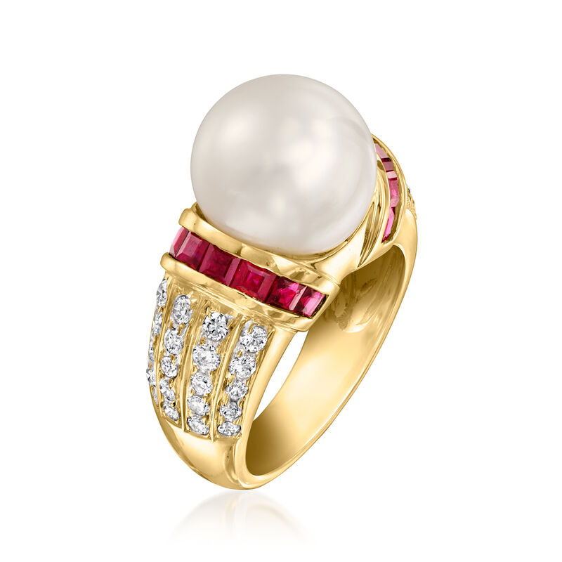 C. 1990 Vintage 12mm Cultured Pearl, 1.40 ct. t.w. Ruby and .80 ct. t.w. Diamond Cocktail Ring in 18kt Yellow Gold. Size 7 image number 2