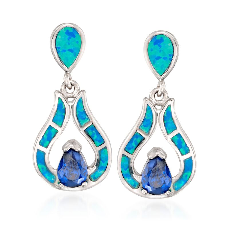Simulated Blue Opal and Simulated Tanzanite Drop Earrings in Sterling Silver image number 0