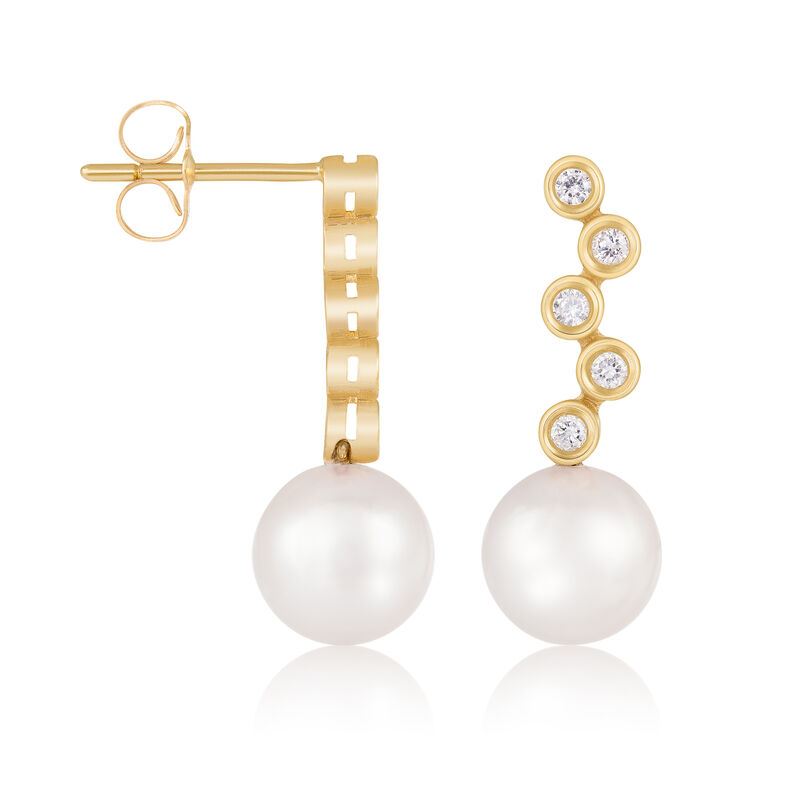 7-8mm Cultured Akoya Pearl and .20 ct. t.w. Diamond Drop Earrings in 14kt Yellow Gold image number 1