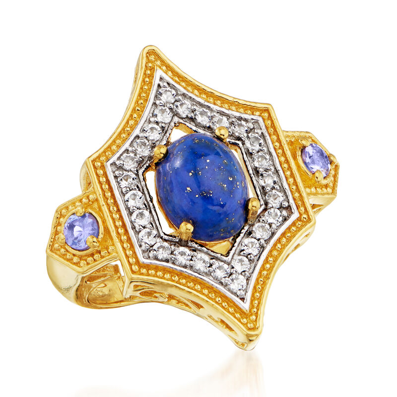 Lapis, .50 ct. t.w. White Topaz and .10 ct. t.w. Tanzanite Ring in 18kt Gold Over Sterling Silver image number 3