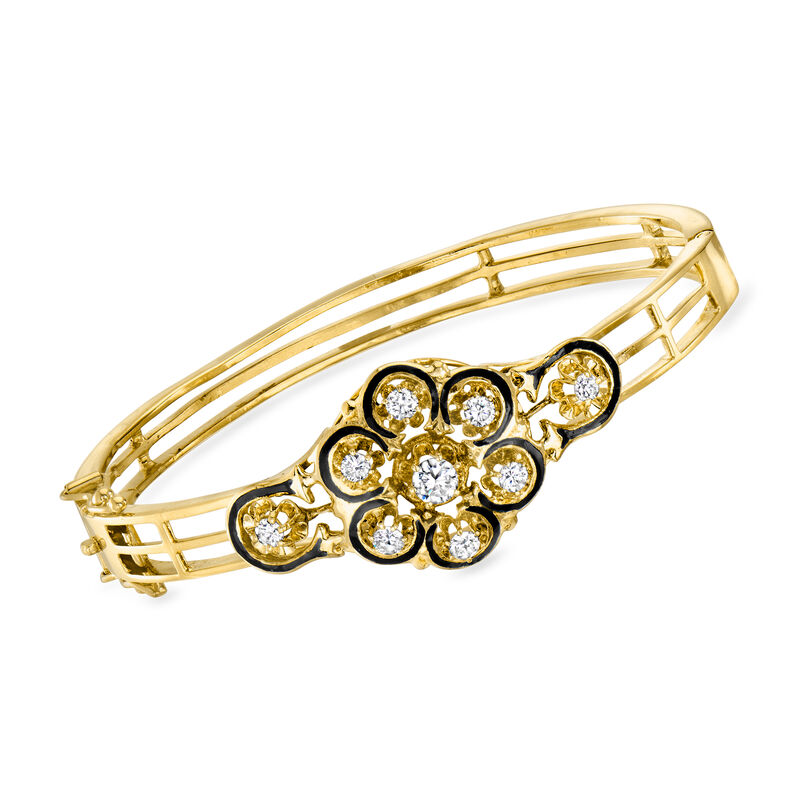 C. 2000 Vintage Black Enamel and .90 ct. t.w. Diamond Bangle Bracelet in 14kt Yellow Gold. 7&quot; image number 0